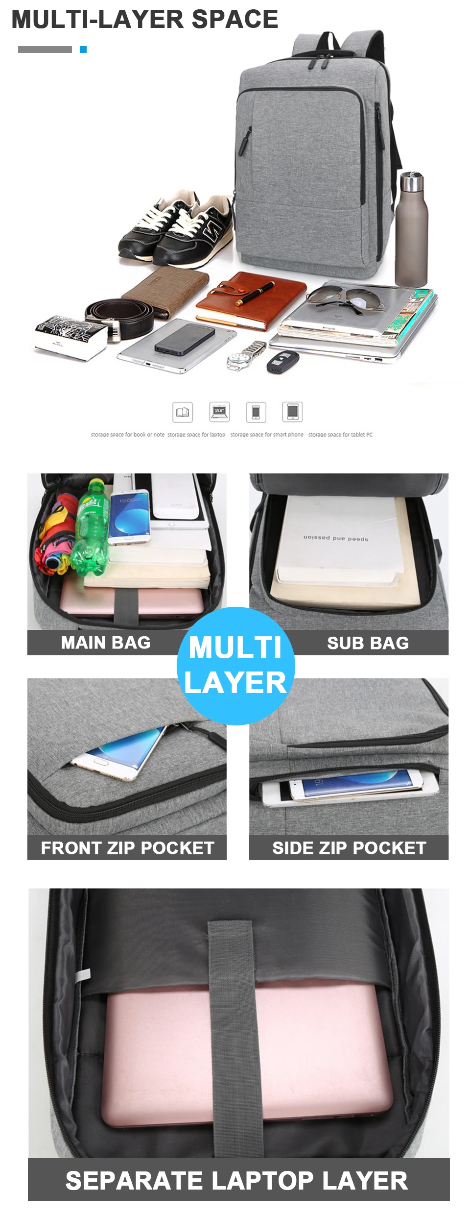 Business Backpack Smart Bagpack Laptop 15.6 Inch Men Travel Women Back Pack USB Charging Waterproof Notebook Male Female Bags (4)