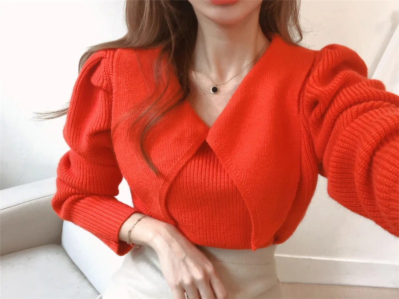 Зимний Теплый женский свитер с широкими лацканами, шикарный женский пуловер с пышными рукавами, джемперы, универсальные вязаные свитера, топы