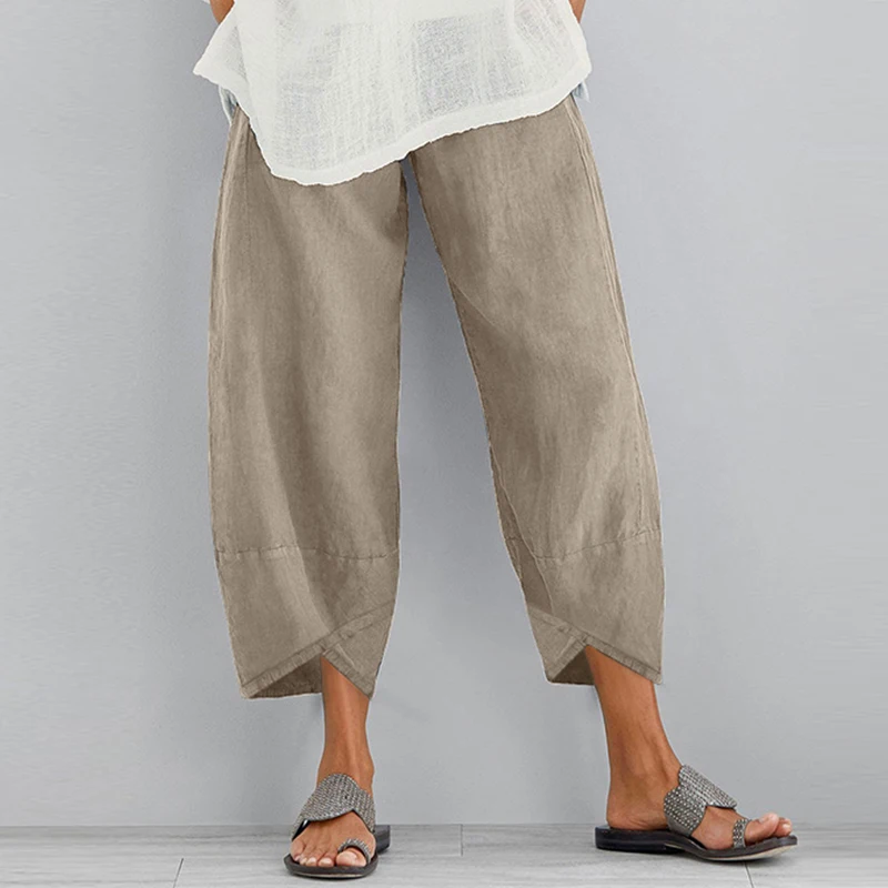 Женские осенние брюки, Винтажные льняные штаны, повседневные Асимметричные штаны с эластичной талией, женские укороченные штаны размера плюс