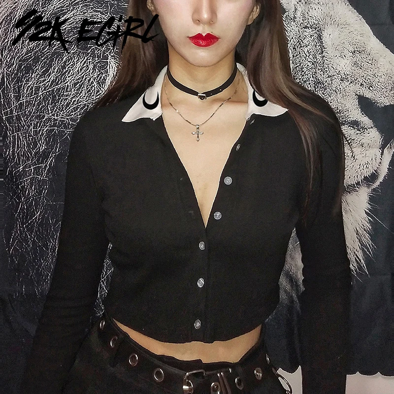 

Y2K EGIRL Gothic Single-breasted Moon Printing Turn- Down Collar Black Tops Punk Style Slim Long Sleeve Knitted Cardigans Autumn