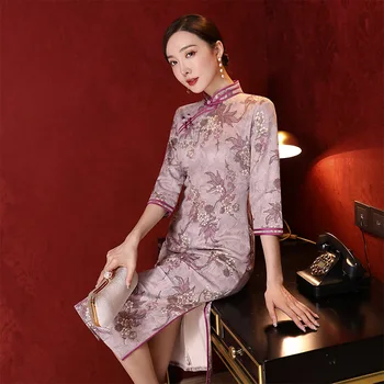 

2020 Spring New Qipao Women Oversize 3XL Chinese Traditional Evening Party Dress Elegant Print Flower Cheogsam Vintage Vestidos
