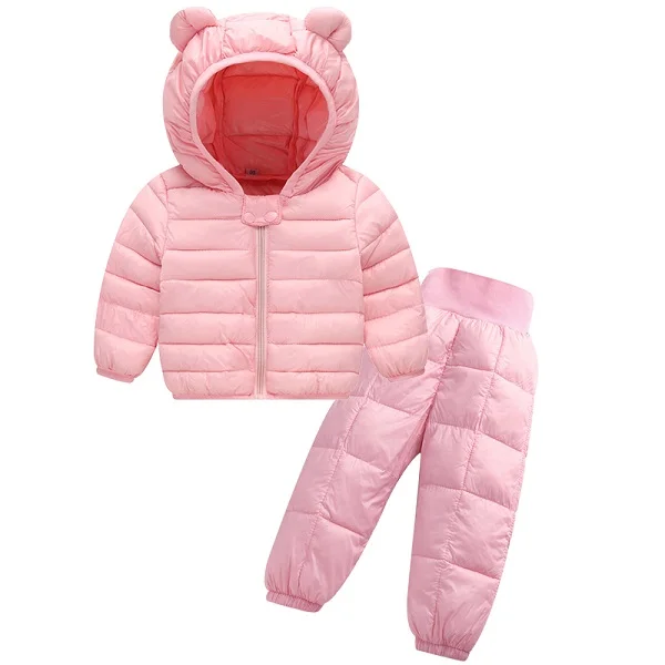 Осенне-зимние комплекты одежды для маленьких мальчиков и девочек новые комплекты одежды для мальчиков детская куртка с капюшоном+ плотные штаны зимний комплект детской одежды - Цвет: pink2