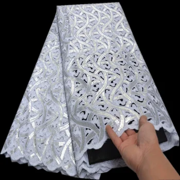 

High quality White African handcut organza lace fabric with allover sequins embroidery Swiss lace for party dress Ki070
