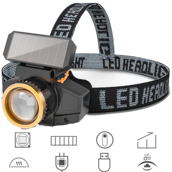 

COB LED Solar Headlamp Zoomable Head Light PIR Motion Sensor Fishing Torch 3Modes Warning Strobe Light 18650 Camping Lantern