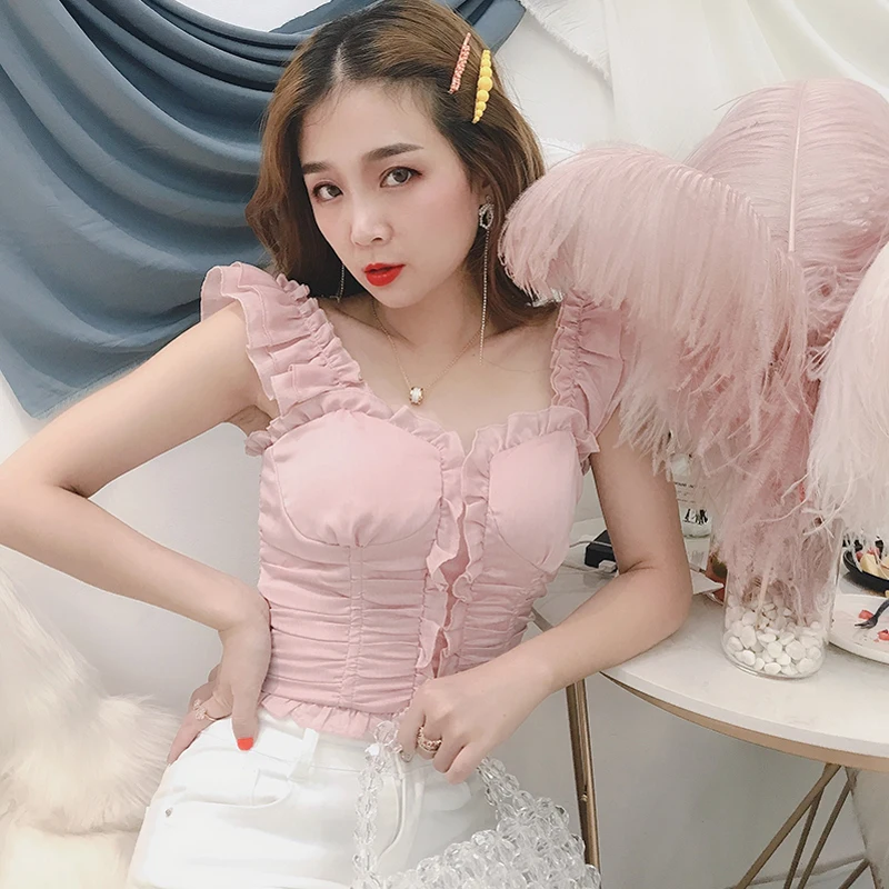 Summer Designer Solid Woman Tops Sleeveless Ruffles Slim Waist Backless Tanks