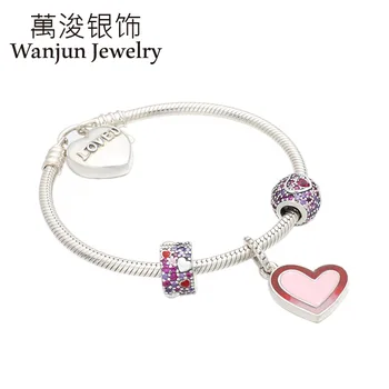

Wanjun Jewelry 100% 925 Sterling Silver Love Heart Shape Charms Bracelet Set Gift