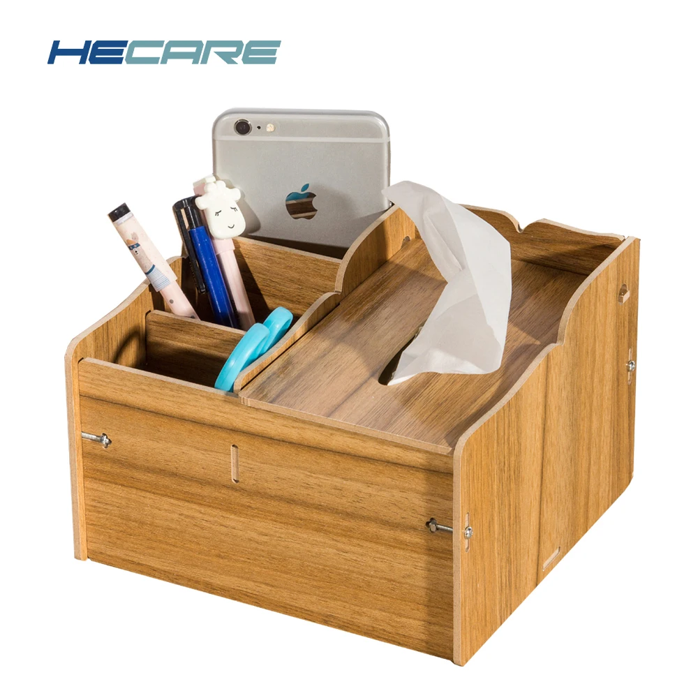 

HECARE Wooden Tissue Box Holder with Storage Box and Pen holder Wood Color Kitchen Tissue Holder Box for Napkins DIY Wipes Box