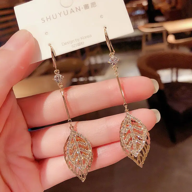 Fashion jewelry Gold leaf Tassel Drop Earrings Silver Color 2021 Fashion Hanging Women Earrings luxury Girls GIfts 2021 - Image 2