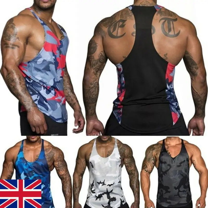 

UK Mens Gym Sport Bodybuilding Stringer Fitness Vest Racerback Bodybuilding Muscle Camo Camouflage Stringer Plain Tank Top