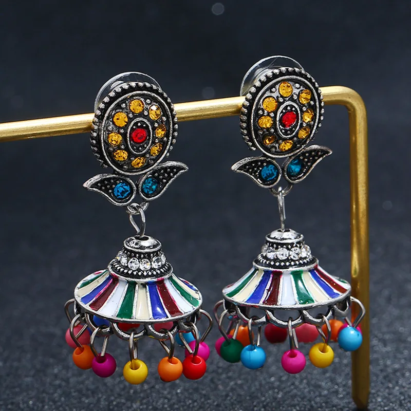 Retro Indian Bollywood Kundan Jhumka Jhumki Drop Dangle Earrings For Women Boho Flower Carved Resin Beaded Tassel Gypsy Jewelry | Украшения