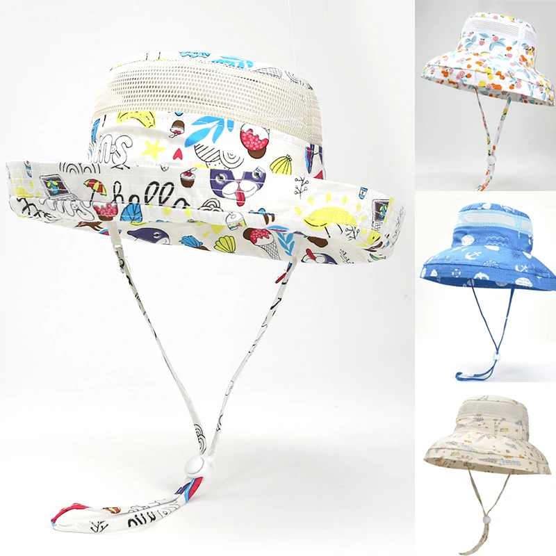 

Summer Hat Kids Beach Sun Protection Upf50 Big Brim With String Breathable Mesh Cap Accessory For Boy Girl Baby Teenagers