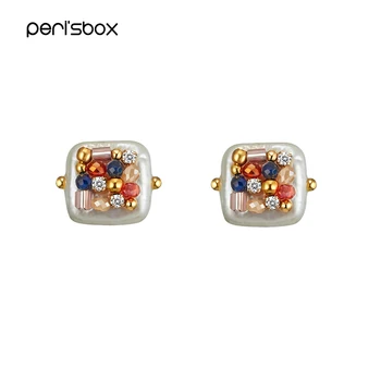 

Peri'sBox Multi Color Beads Natural Freshwater Pearl Earrings Square Geometric Earrings for Women Dainty Earrings Studs 2019 New