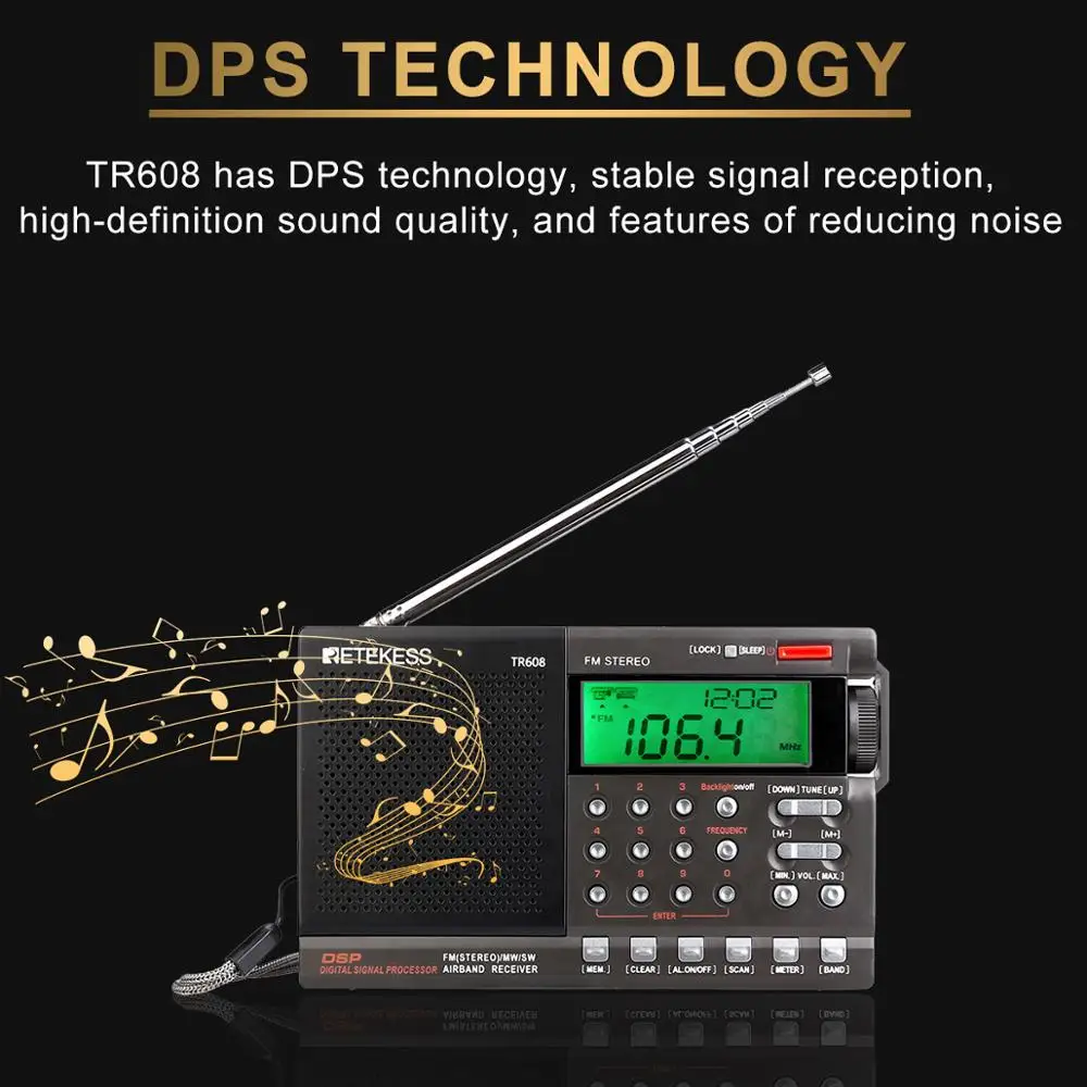 Retekess TR608 FM/MW/SW/Air Многополосный Радио динамик Портативный цифровой радио с ЖК-дисплеем с часами будильник таймер сна