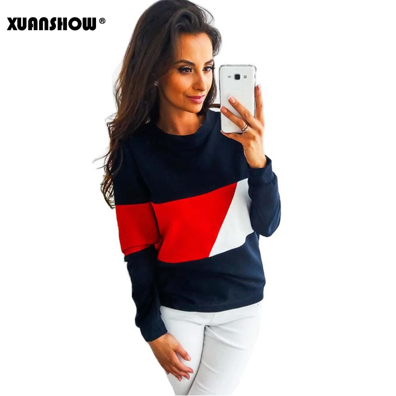  XUANSHOW 2019 New Sweatshirt Women Autumn Casual Patchwork O-neck Long Sleeve Pullover Tops Moletom