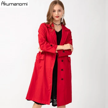 

Autumn Spring Trench Plus Size 5xl-l Red Casual Turn-down Collar Nine Quarter Sleeve Women's Coat Pocket Single Breasted Tops