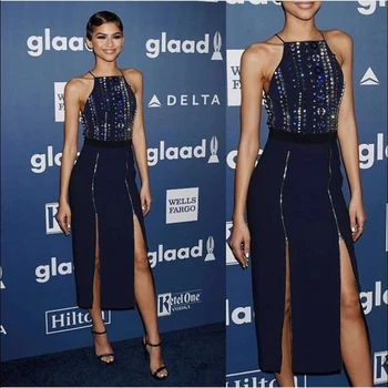 

2019 New Beading Black Spghetti Strap Elegant Ankle Length Celebrity Party Zippers Vestidos Sleeveless Clubwear Dropshipping