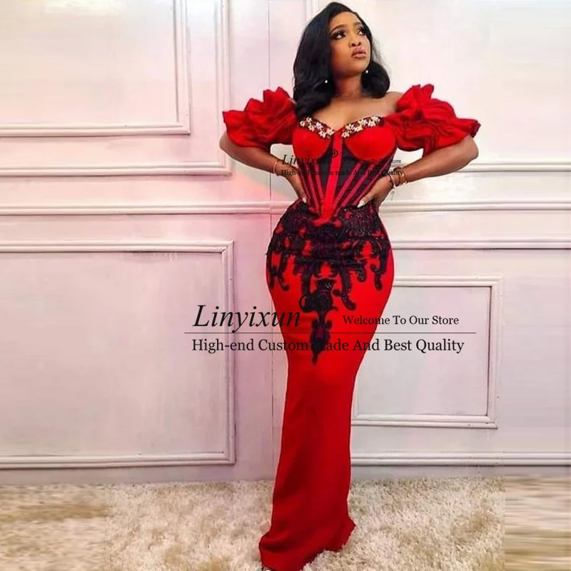 Red African Mermaid Prom Dresses With Short Sleeves Beads Lace Appliques Aso Ebi robe de soir&ampeacutee Plus Size Women Evening Dress |