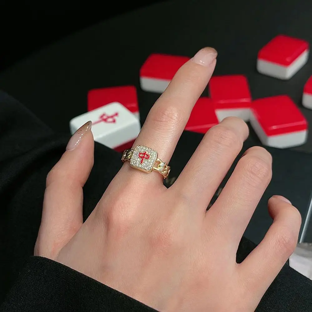 Chinese Mahjong Elements Geometric Rings Adjustable Finger Rings Women Girl Jewelry Accessories Metal Rhinestone Finger Buckle