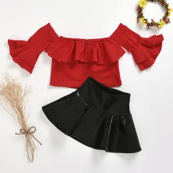

1-5Y Toddler Baby Kid Girls Clothing Set Red Ruffle off Shoulder Tops + Pu Leather Black Skirts Children Costumes Summer