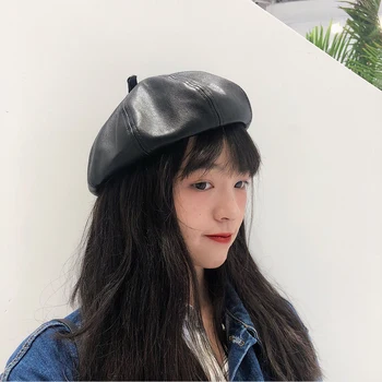 

Hat women new autumn and winter outdoor octagonal hat pumpkin painter hat leather ladies beret