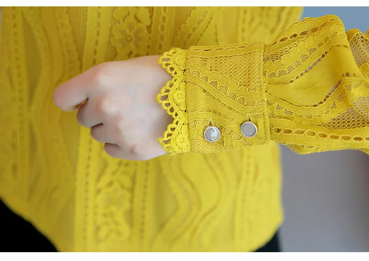 spring autumn Women Crochet Blouse Lace Chiffon Shirt White/Black Basic Shirt Ladies Stand Collar Ruffles Blusas Femininas