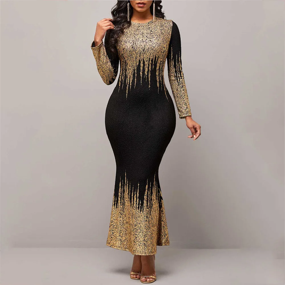 Gold Sequin Print Bodycon Dress Elegant Evening Dress 1