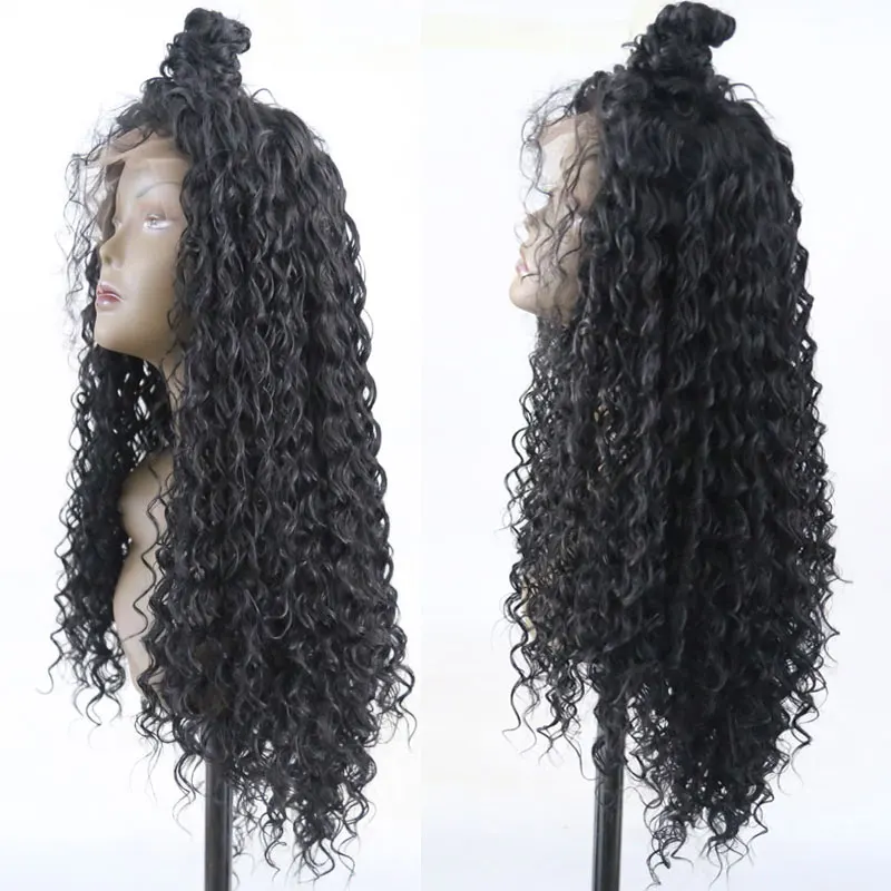Черный кудрявый синтетический парик фронта шнурка термостойкие волокна волос