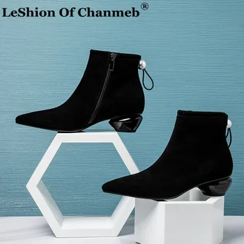 

Winter Kid Suede Ankle Boots For Women Strange Heels Boots Pointed Toe Pearls Fashion Ladies Sheep Suede Shoes Black Size 34-42