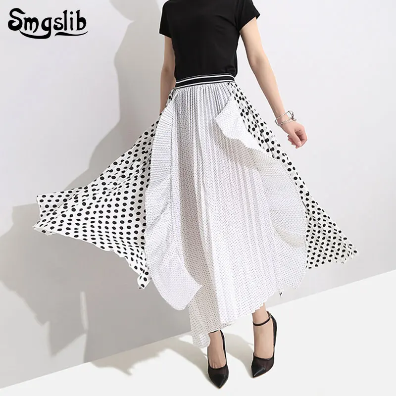 Модная новая весенне-осенняя белая юбка, элегантная повседневная юбка в черный горошек, плиссированные юбки с оборками
