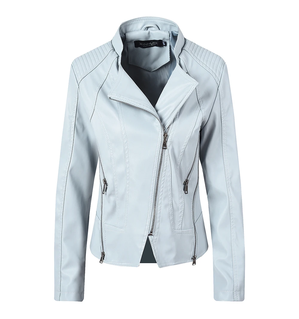 Light blue Куртка на молнии Женская короткая искусственная мягкая женская кожаная куртка PU черная красная кожаная куртка Женская Базовая уличная куртка - Цвет: Light blue