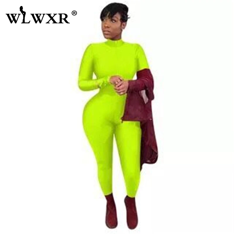 WLWXR, уличная одежда, сексуальный облегающий женский комбинезон,, комбинезон с длинным рукавом, на молнии, v-образный вырез, обтягивающие летние комбинезоны, женский комбинезон