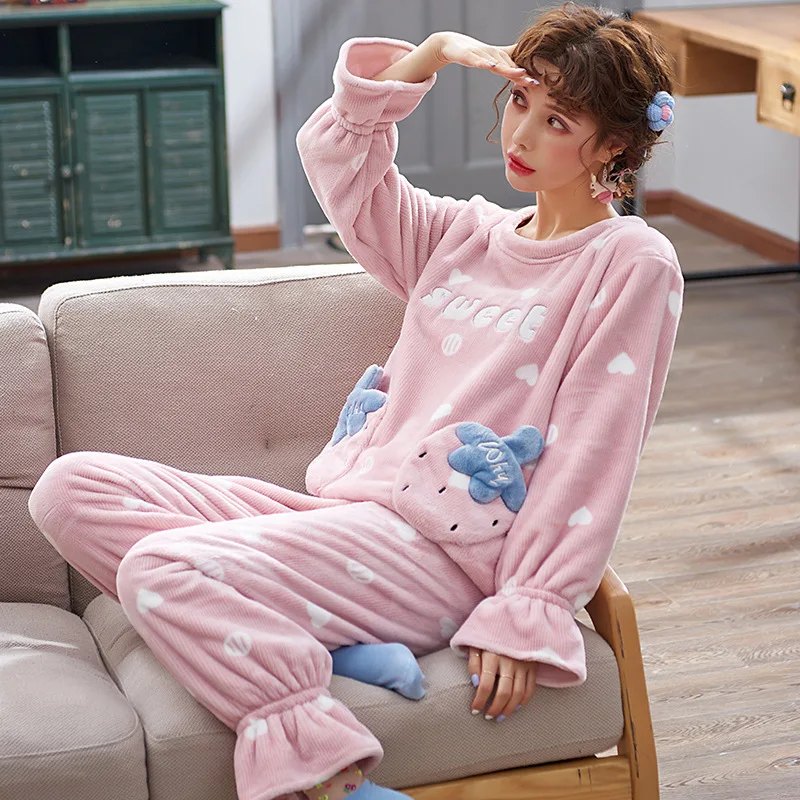

M9833 # Heart Strawberry Pocket Cardigan AQT High Quality Long Sleeve Thick Pajamas Tracksuit Two-Piece Set