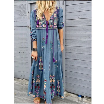 

Lugentolo Women Long Dress Sexy V-neck Bohemia Print Lacing Three Quarter Loose Larger Size 4 Colors Big Swing New Casual Dress
