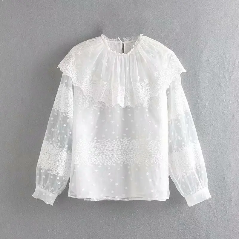 

Cascading Ruffle Lace Splicing Women Shirt Embroidery Smock Leisure Lady Long Sleeves Blouse Autumn Female Loose Tops S6157