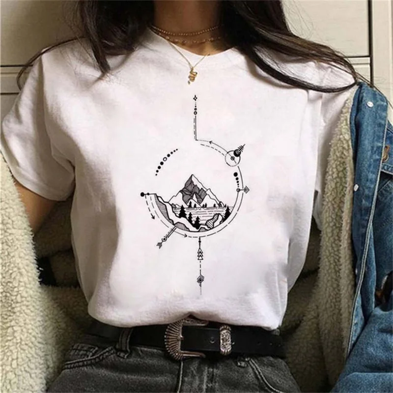 Maycaur New Funny Moon Print T Shirt Women White and Black Shirts Fashion Round Neck Short Sleeve T-Shirt Summer Tees Casual Top