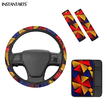 

INSTANTARTS Car Interior Accessories Set African Retro Design Easy Installation Steering Wheel Cover for Women's Seat Belt Cover