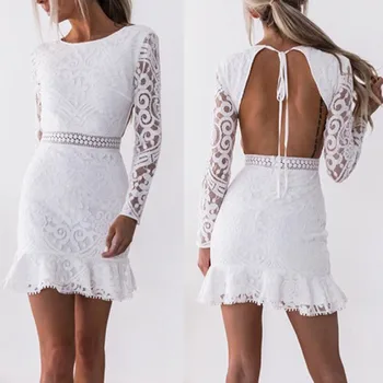 

Dresses Female Summer Dress Women Sexy Solid O-neck Lace Patchwork Long Sleeve Backless Party Bandage Mini Dress Vestidos Платье