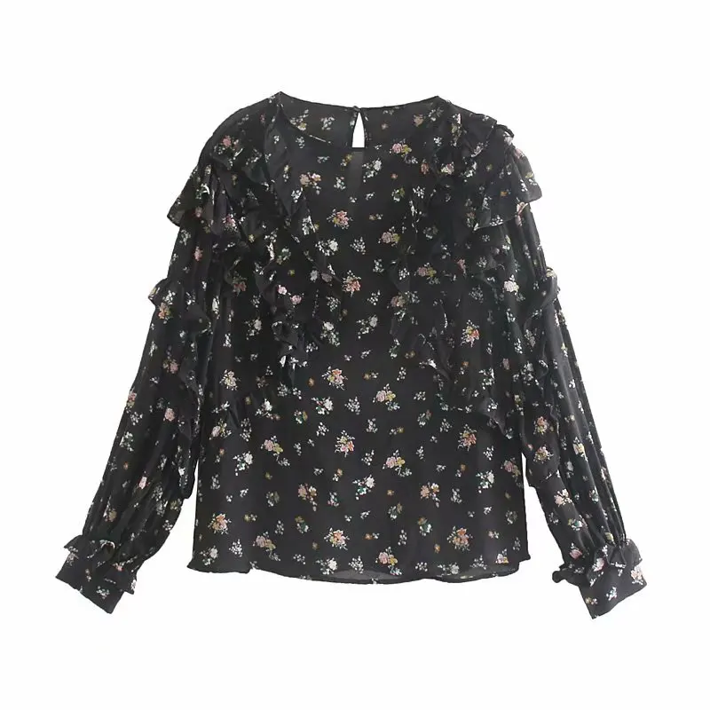 

Women Cascading Ruffle Flower Printing Shirt Long Sleeve Smock 2019 Autumn Leisure Lady O Neck Blouse Loose Tops S6201