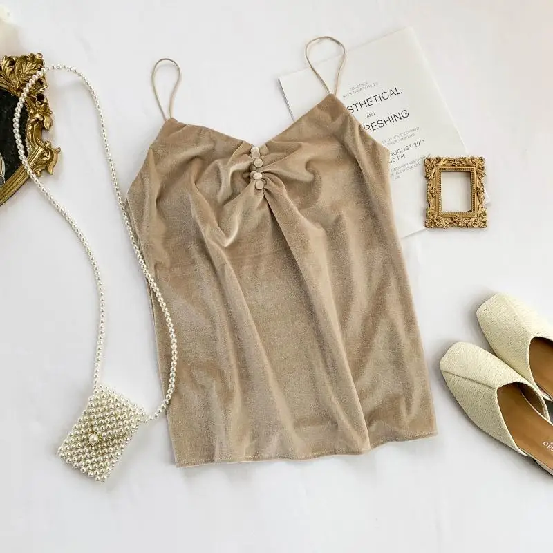 New Women's Lace Stitching Velvet Button Camisole Slim Cami Velour Female Sexy Sling Homewear Underwear Sleepwear
