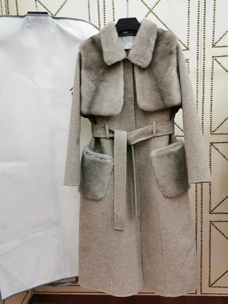 Зимнее женское двухстороннее кашемировое пальто, верхняя одежда, натуральный мех норки, жилет, теплое длинное шерстяное пальто, комплект из 2 предметов - Цвет: Серый