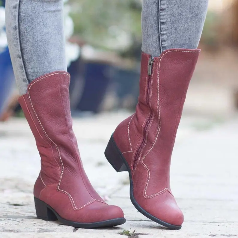

HEFLASHOR Designed Genuine Leather Boots Women Spring Autumn Boots Cow Leather Mid-calf Botines Mujer Shoes Plus Size 43
