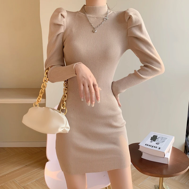 Women Knitting Full Puff Sleeve Base Sweaters Dresses Girls Slim Turtleneck Mini Sheath Knitwear Dress Real Photos dresses to wear to a wedding Dresses