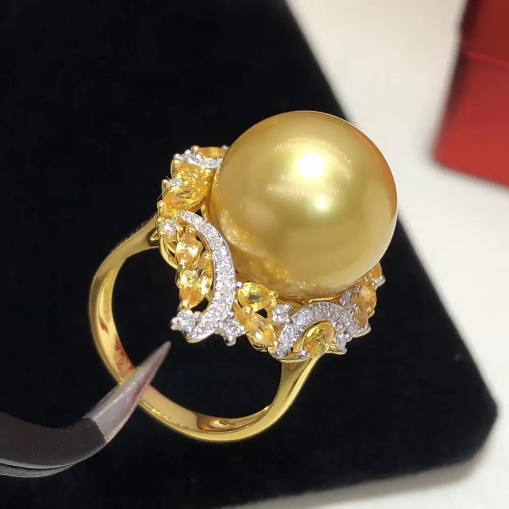 Ювелирные украшения 18K розовое золото натуральный океан золотые кораллы 13-14 мм кольца для женщин тонкие кольца с жемчугом