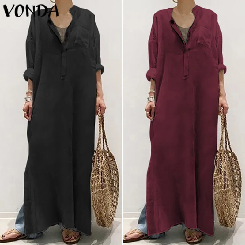 VONDA/длинное хлопковое женское платье макси со стоячим воротником и длинным рукавом на пуговицах, вечерние платья для беременных, осень, Vestidos