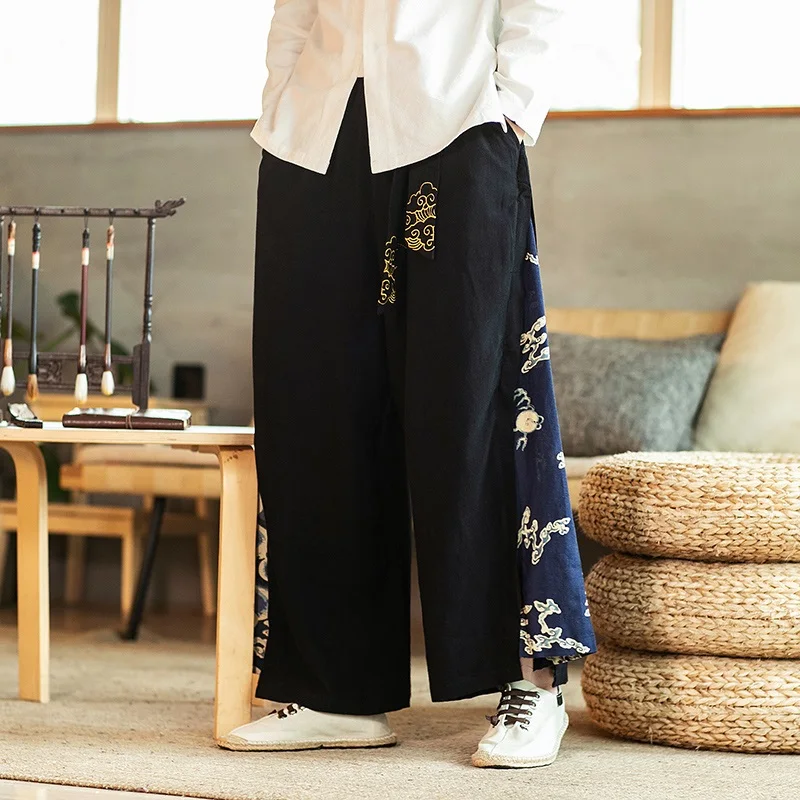 Casual Wide Leg Pants Men China Pants Chinese Traditional Harajuku Kung Fu Tang Suit Tai Chi Uniform Cotton Linen Trousers 10867