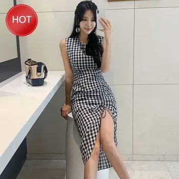 

elegant plaid maxi dress women korean tank sleeveless O-neck female sexy asymmetrical wrap dresses mid-calf length vestidos