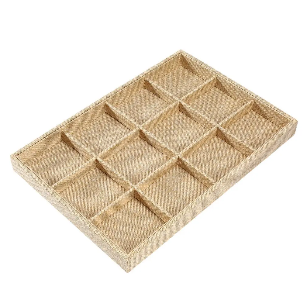 

12 Grids Linen Cloth Jewelry Display Tray Holder Shop Storage Box For Earrings Necklace Watch Presentation Organizer