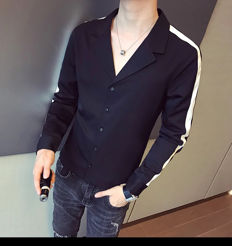 Однотонное платье в полоску сбоку, рубашка Camisa Masculina, глубокий v-образный вырез, Сексуальная рубашка без воротника, осень, уличная одежда с длинным рукавом, приталенная, v-образный вырез