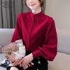 Silk Satin Single Breasted Elegant Office Lady Autumn Women Blouse Lantern Long Sleeve Solid Stand Collar Women's Shirt 11506 ► Photo 1/6