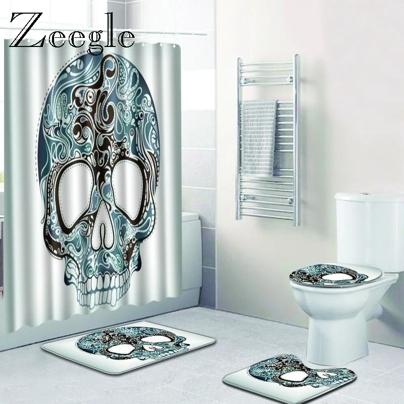 Zeegle Bathroom Mat Set Anti Slip Shower Mat Waterproof Shower Curtain Absorbent Toilet Pedestal Rug Washable 4pcs Toilet Set